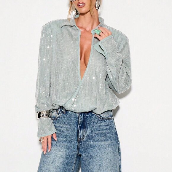 Tops - Dusty Blue Casual Women's Metallic Sequin Long Sleeve Evening Plunge Bodysuit